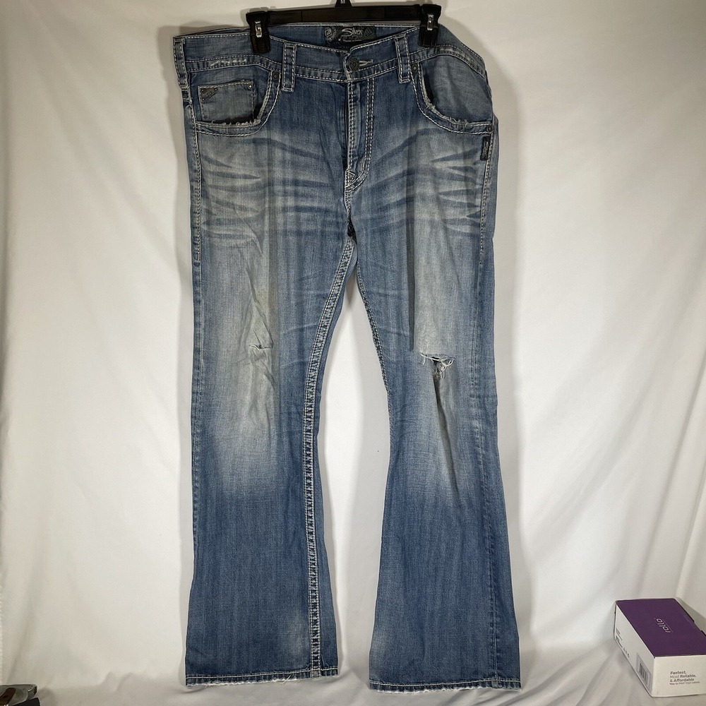 Silver Jeans ZAC Destroyed Mens 38x34 Thick Stitch Blue Denim Straight Relaxed
